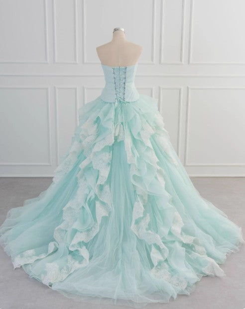 Blue A-Line Strapless Tulle Lace Long Prom Dress Vintage Wedding Dress HZ1024