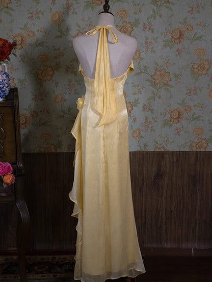 Yellow Simple Bodycon Dress Spaghetti Strap Chiffon Long Prom Dress Applique Graduation Prom Dress ED01703