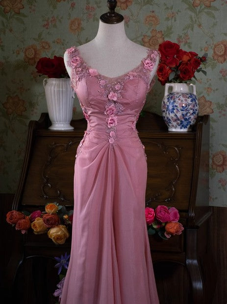 Pink Retro Mermaid V-neck Chiffon Beaded Long Prom Dress Sweet Applique Birthday Dress HZ1024