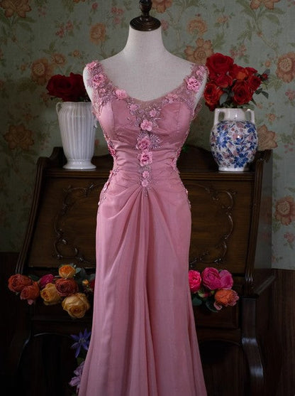 Gray Pink Retro Mermaid V-neck Chiffon Beaded Long Prom Dress Sweet Applique Birthday Dress ED01705