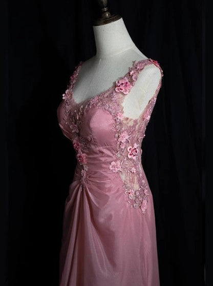 Pink Retro Mermaid V-neck Chiffon Beaded Long Prom Dress Sweet Applique Birthday Dress HZ1024