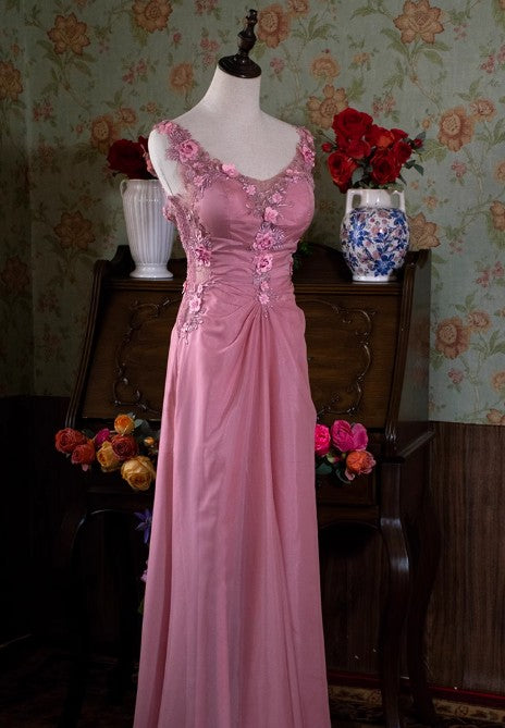 Pink Retro Mermaid V-neck Chiffon Beaded Long Prom Dress Sweet Applique Birthday Dress HZ1024
