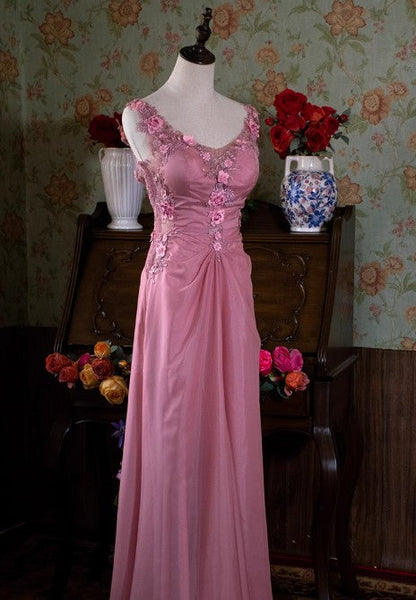 Gray Pink Retro Mermaid V-neck Chiffon Beaded Long Prom Dress Sweet Applique Birthday Dress ED01705