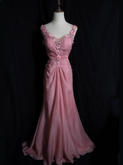Pink Retro Mermaid V-neck Chiffon Beaded Long Prom Dress Sweet Applique Birthday Dress HZ1024