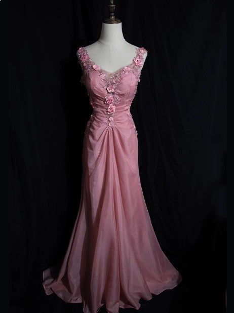 Pink Retro Mermaid V-neck Chiffon Beaded Long Prom Dress Sweet Applique Birthday Dress HZ1024