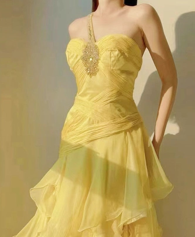 A-Line One Shoulder Chiffon Long Prom Dress Sweet Layered Birthday Dress HZ1024