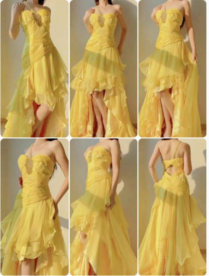 A-Line One Shoulder Chiffon Long Prom Dress Sweet Layered Birthday Dress HZ1024