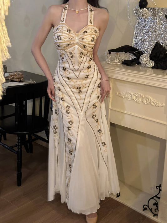 Halter Neck Tulle Beading Vintage Long Prom Dress Birthday Dress HZ1024
