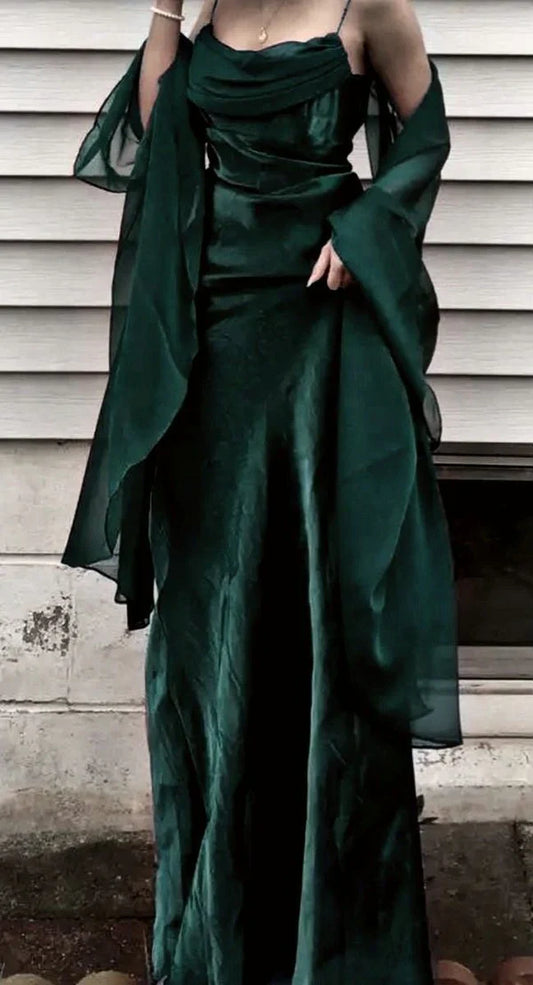 __Vintage Dark Green Prom Dress Spaghetti Strap Chiffon Evening Gown with Shawl ED01713
