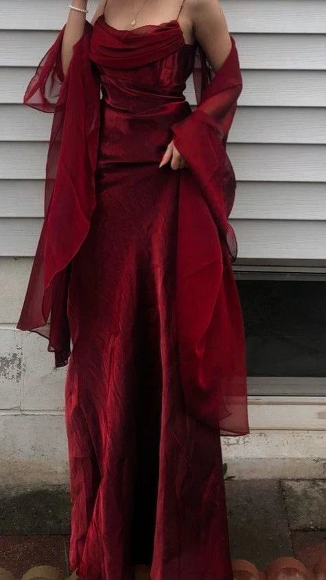__Vintage Dark Green Prom Dress Spaghetti Strap Chiffon Evening Gown with Shawl ED01713