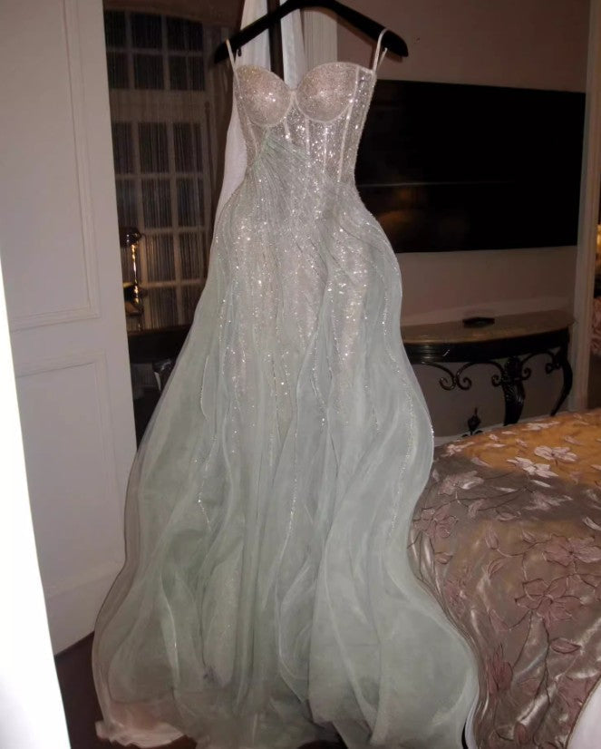 A-Line Sequined Tulle Strapless Long Prom Dress Adult Ceremony Prom Dress HZ1024