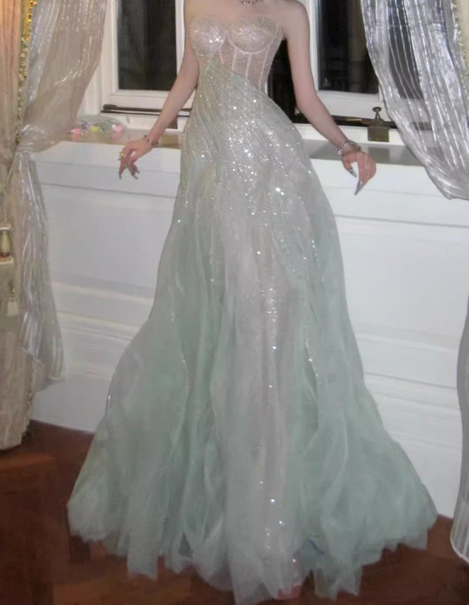 A-Line Sequined Tulle Strapless Long Prom Dress Adult Ceremony Prom Dress HZ1024