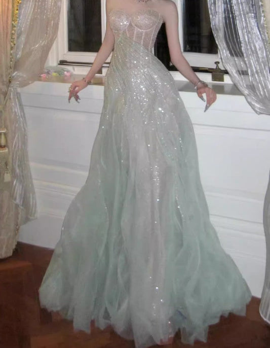 A-Line Sequined Tulle Strapless Long Prom Dress Adult Ceremony Prom Dress HZ1024