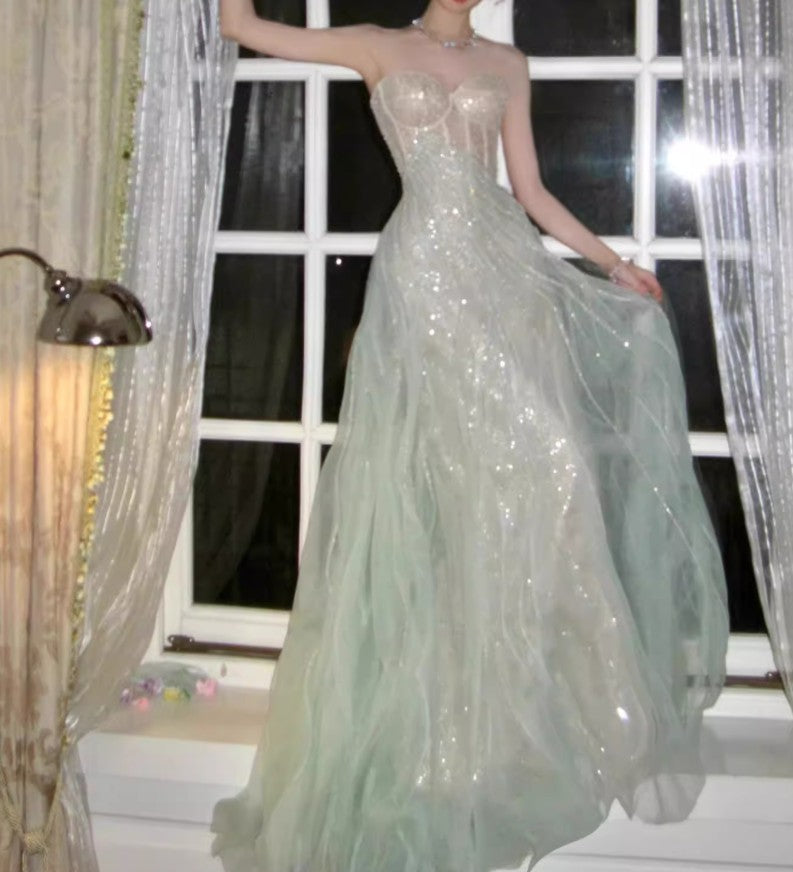 A-Line Sequined Tulle Strapless Long Prom Dress Adult Ceremony Prom Dress HZ1024