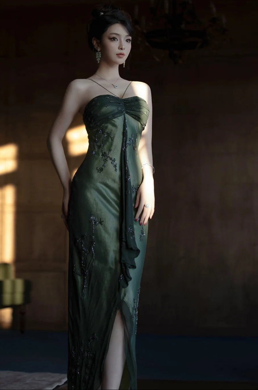 Vintage__ Forest Green Spaghetti Straps Long Prom Dresses Glitter Chiffon Beaded Elegant Party Dresses ED01717