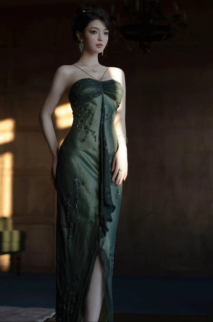 Vintage__ Forest Green Spaghetti Straps Long Prom Dresses Glitter Chiffon Beaded Elegant Party Dresses ED01717