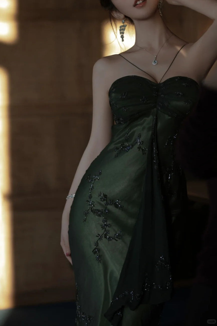 Vintage__ Forest Green Spaghetti Straps Long Prom Dresses Glitter Chiffon Beaded Elegant Party Dresses ED01717