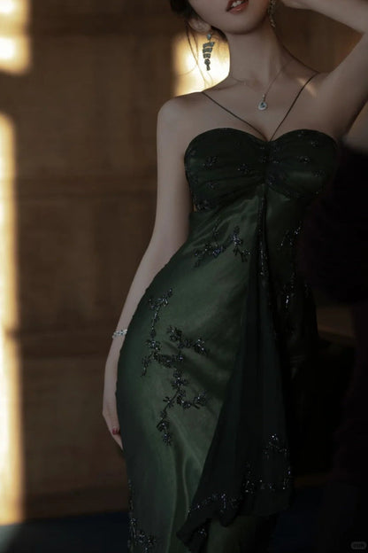 Vintage__ Forest Green Spaghetti Straps Long Prom Dresses Glitter Chiffon Beaded Elegant Party Dresses ED01717