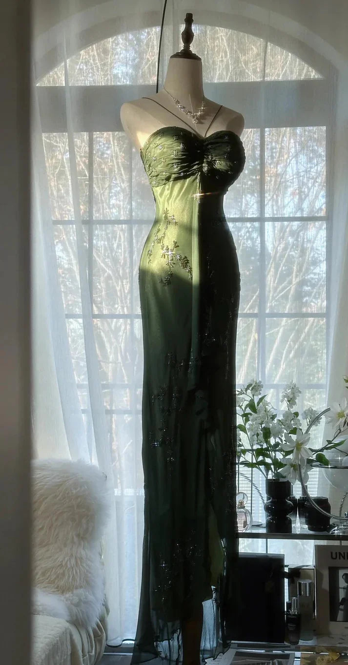 Green Sheath Halter Beaded Appliques Chiffon Long Prom Dress Graduation Prom Dress SH2485