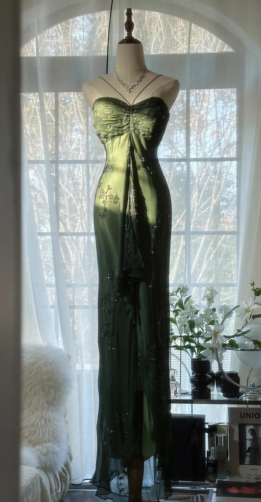 Vintage__ Forest Green Spaghetti Straps Long Prom Dresses Glitter Chiffon Beaded Elegant Party Dresses ED01717