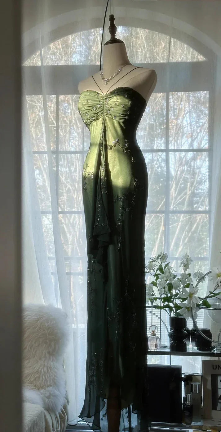Green Sheath Halter Beaded Appliques Chiffon Long Prom Dress Graduation Prom Dress SH2485
