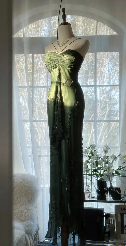 Green Sheath Halter Beaded Appliques Chiffon Long Prom Dress Graduation Prom Dress SH2485