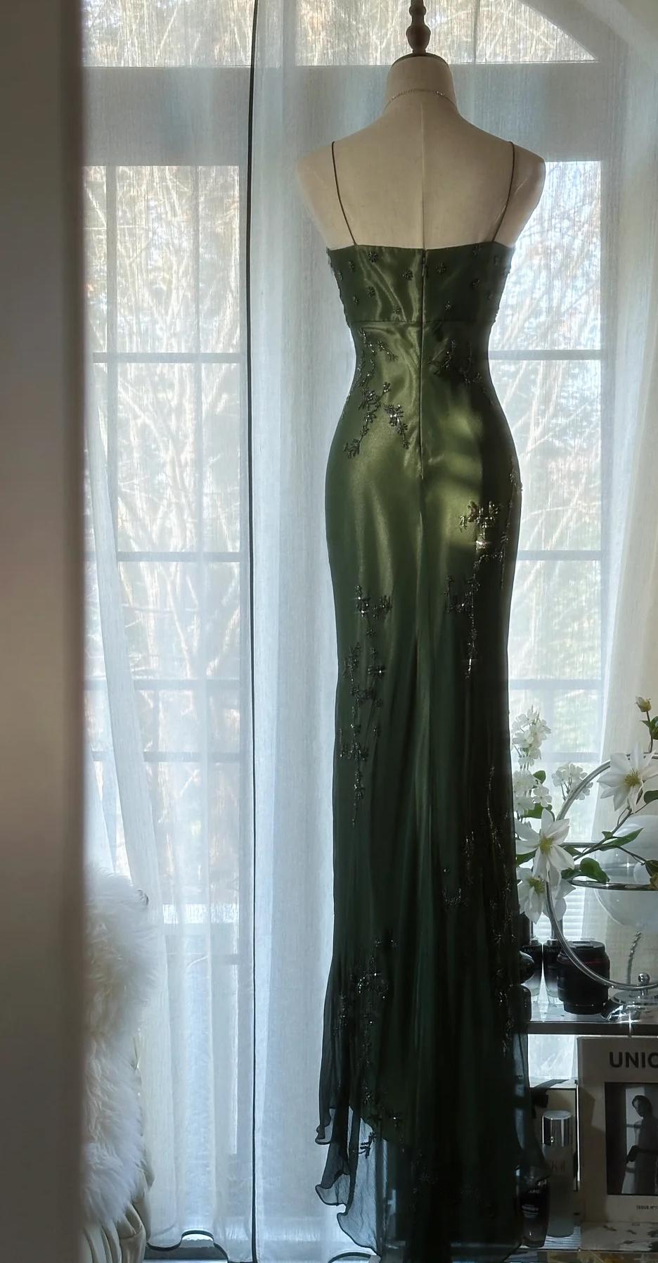 Vintage__ Forest Green Spaghetti Straps Long Prom Dresses Glitter Chiffon Beaded Elegant Party Dresses ED01717