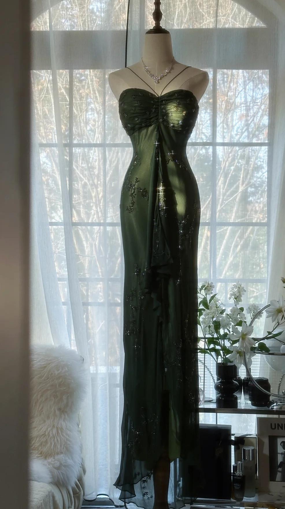 Vintage__ Forest Green Spaghetti Straps Long Prom Dresses Glitter Chiffon Beaded Elegant Party Dresses ED01717