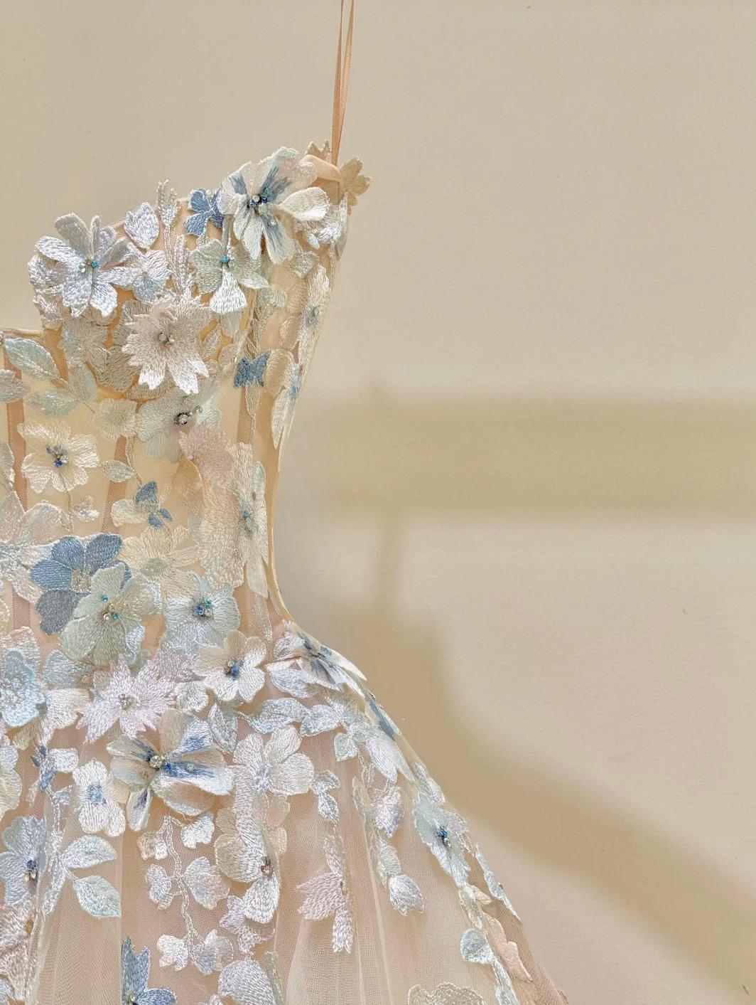 Champagne A-Line Spaghetti Straps Tulle Applique Long Prom Dress Sweet Wedding Dress HZ1024