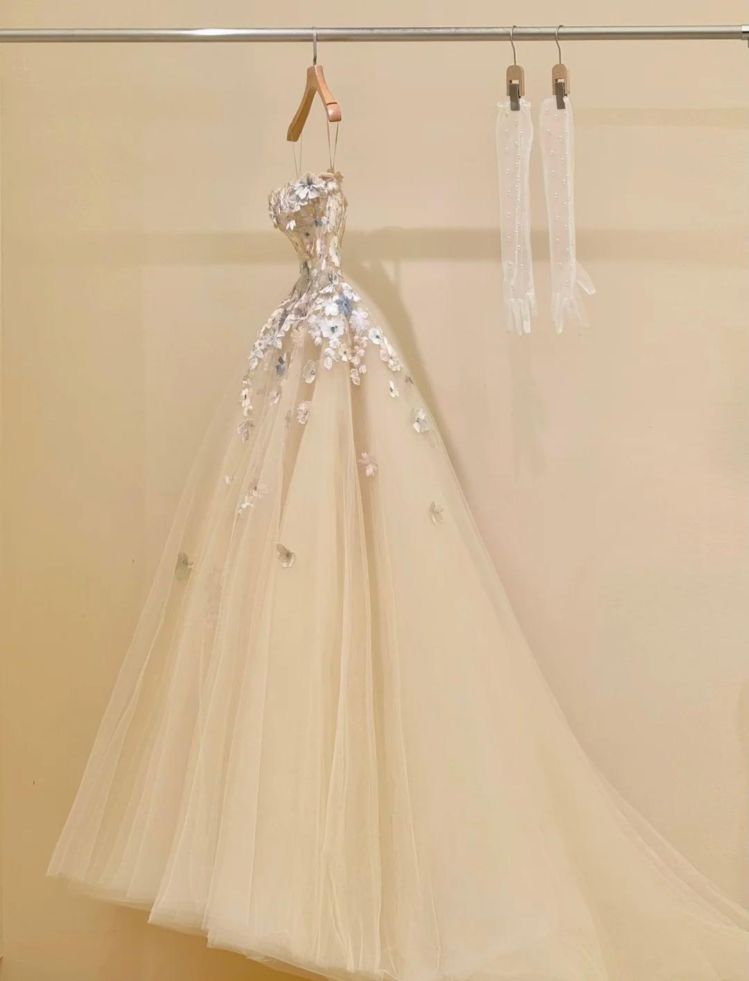 Champagne A-Line Spaghetti Straps Tulle Applique Long Prom Dress Sweet Wedding Dress HZ1024