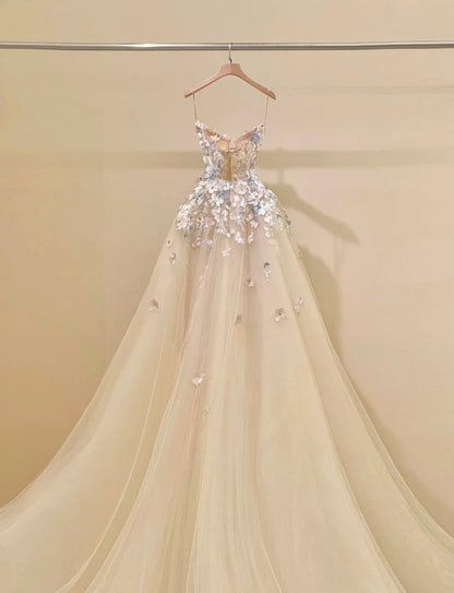 Champagne A-Line Spaghetti Straps Tulle Applique Long Prom Dress Sweet Wedding Dress HZ1024