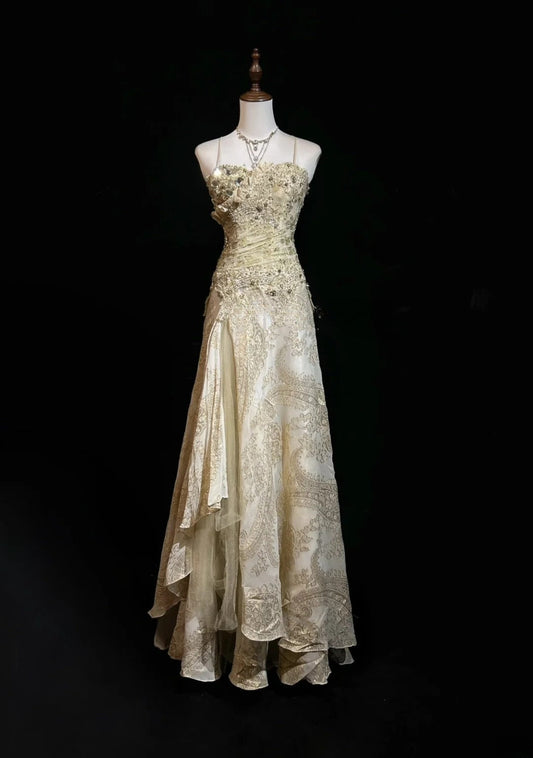 A-Line Spaghetti Strap Satin Lace Long Prom Dress with Beaded Appliques HZ1024