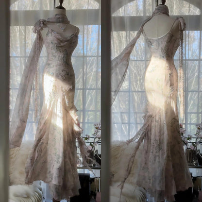 Fairytale Pink Spaghetti Straps Mermaid Evening Gowns Vintage Elegant Beaded Silk Long Prom Dress Guest Dresses HZ1024