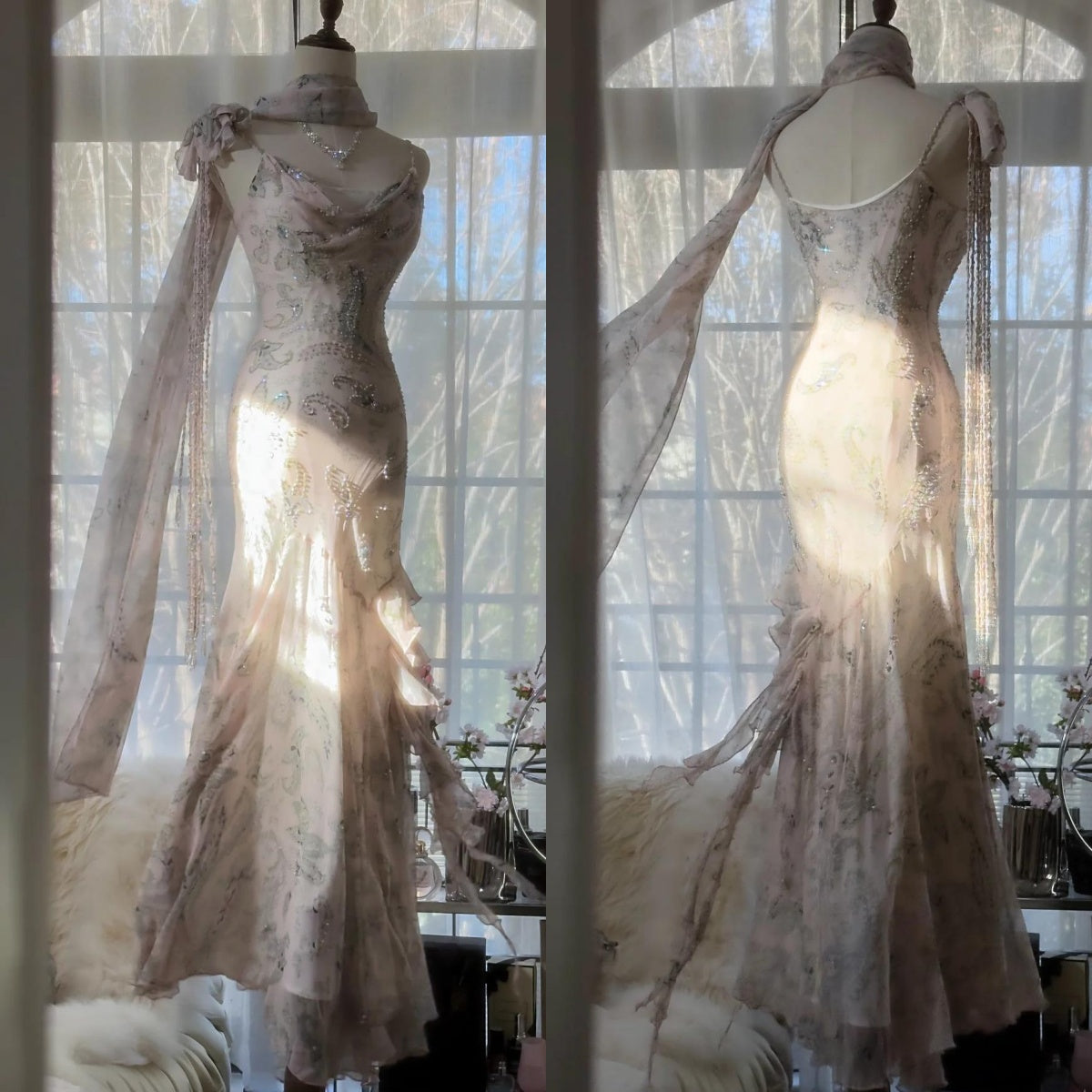 __ Fairytale Pink Spaghetti Straps Mermaid Evening Gowns Vintage Elegant Beaded Silk Long Prom Dress Guest Dresses  ED01724