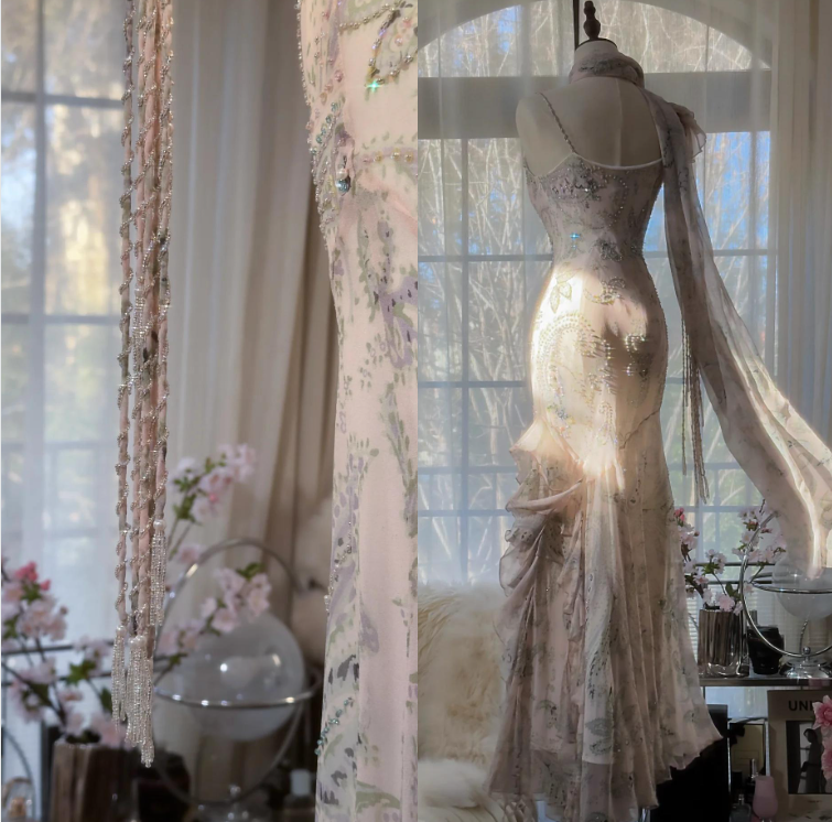 __ Fairytale Pink Spaghetti Straps Mermaid Evening Gowns Vintage Elegant Beaded Silk Long Prom Dress Guest Dresses  ED01724
