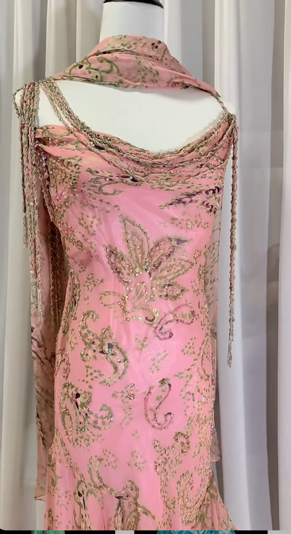 __ Fairytale Pink Spaghetti Straps Mermaid Evening Gowns Vintage Elegant Beaded Silk Long Prom Dress Guest Dresses  ED01724