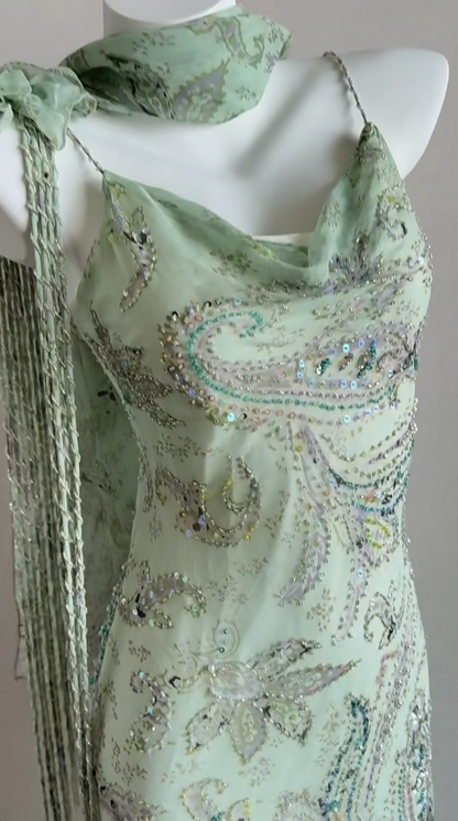 Elegant Green Mermaid  Formal Dresses Beaded Chiffon Open Back Long Prom Dresses Spaghetti Straps Guest Dresses ED01564