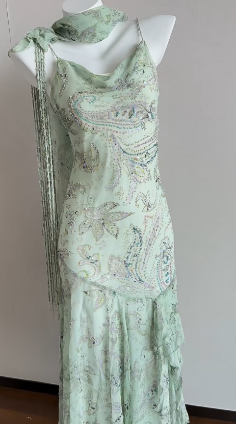 Elegant Green Mermaid  Formal Dresses Beaded Chiffon Open Back Long Prom Dresses Spaghetti Straps Guest Dresses ED01564