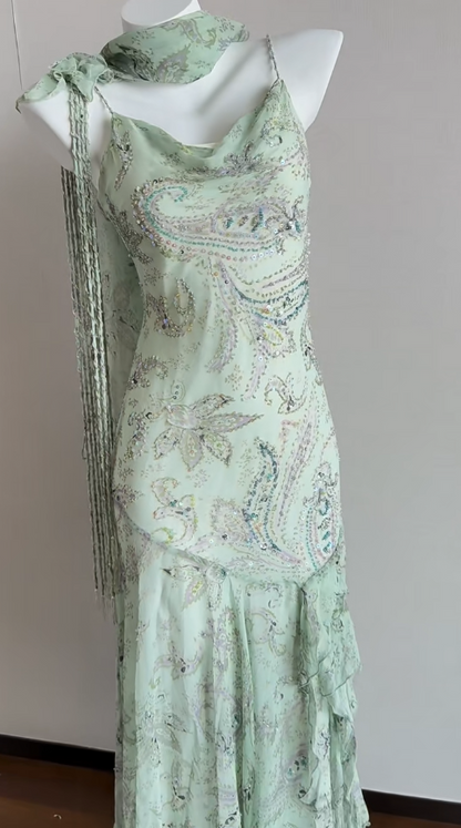Elegant Green Mermaid  Formal Dresses Beaded Chiffon Open Back Long Prom Dresses Spaghetti Straps Guest Dresses ED01564