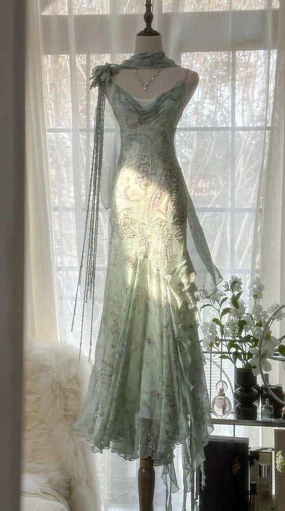 Elegant Green Mermaid  Formal Dresses Beaded Chiffon Open Back Long Prom Dresses Spaghetti Straps Guest Dresses ED01564