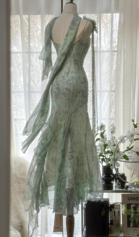 Elegant Green Mermaid  Formal Dresses Beaded Chiffon Open Back Long Prom Dresses Spaghetti Straps Guest Dresses ED01564