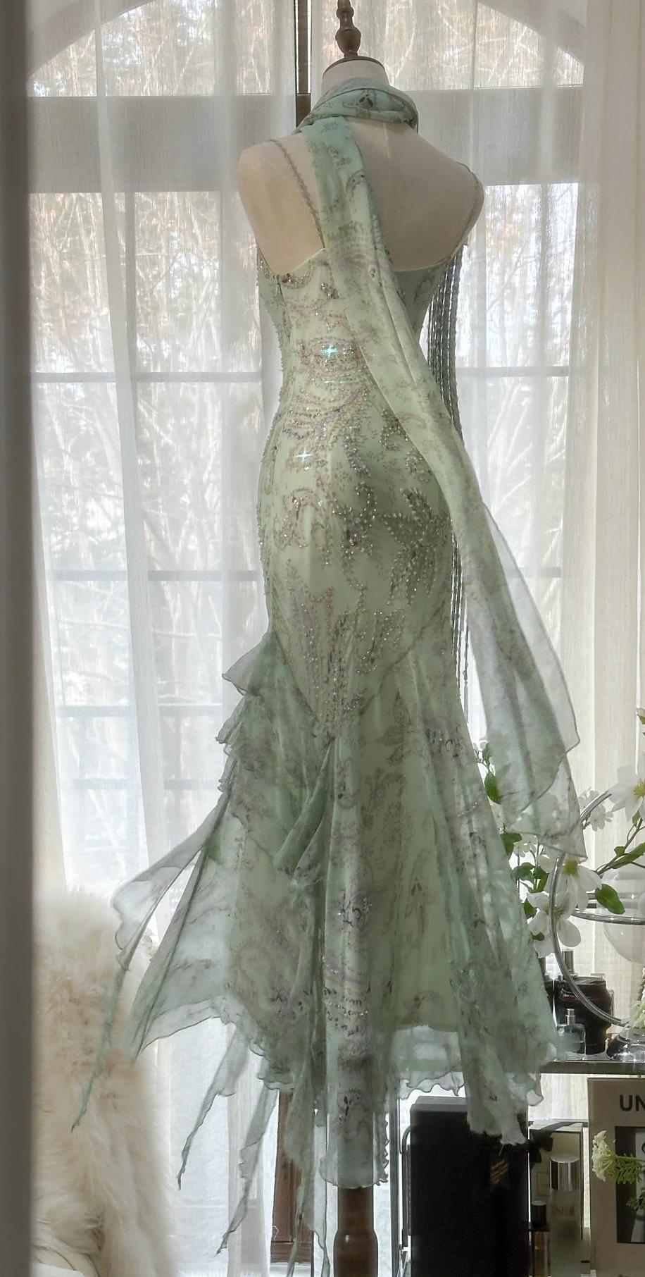 Elegant Green Mermaid  Formal Dresses Beaded Chiffon Open Back Long Prom Dresses Spaghetti Straps Guest Dresses ED01564