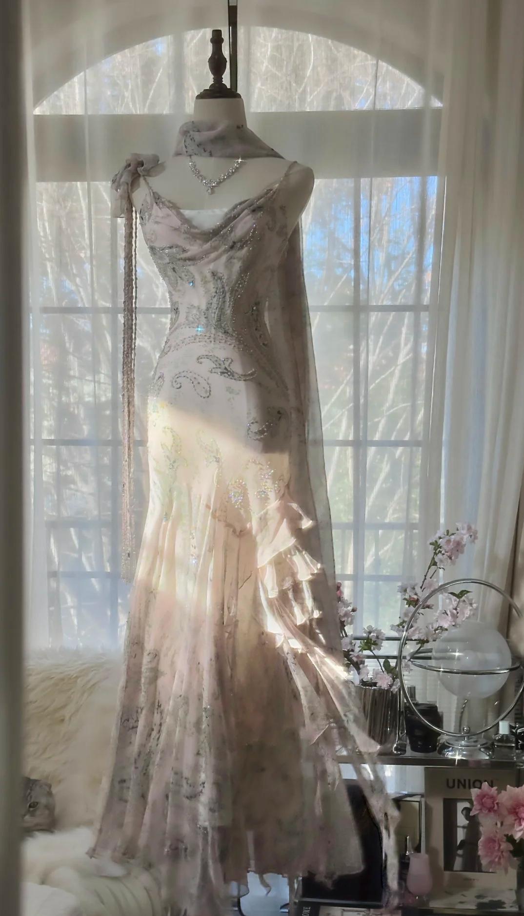 __ Fairytale Pink Spaghetti Straps Mermaid Evening Gowns Vintage Elegant Beaded Silk Long Prom Dress Guest Dresses  ED01724