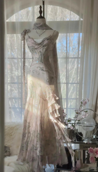 __ Fairytale Pink Spaghetti Straps Mermaid Evening Gowns Vintage Elegant Beaded Silk Long Prom Dress Guest Dresses  ED01724
