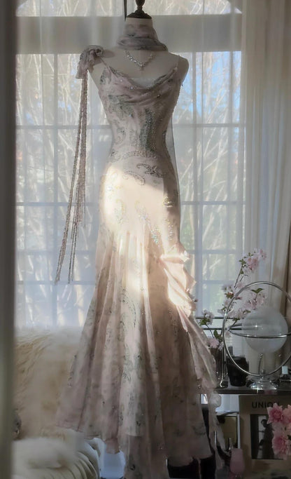 __ Fairytale Pink Spaghetti Straps Mermaid Evening Gowns Vintage Elegant Beaded Silk Long Prom Dress Guest Dresses  ED01724