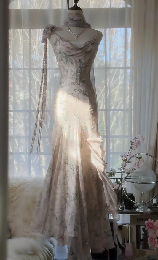 __ Fairytale Pink Spaghetti Straps Mermaid Evening Gowns Vintage Elegant Beaded Silk Long Prom Dress Guest Dresses  ED01724