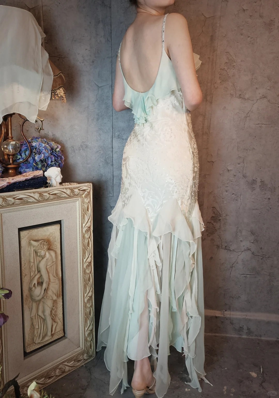 Romantic Vintage Mint Green Chiffon Mermaid Beaded Long Prom Dresses Ruffled Fairytale Birthday Dresses  ED01725