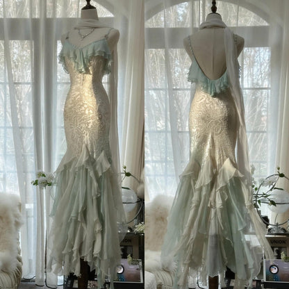 Vintage Mint Green Chiffon Mermaid Beaded Long Prom Dresses Ruffled Fairytale Birthday Dresses HZ1024