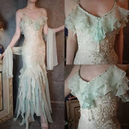 Romantic Vintage Mint Green Chiffon Mermaid Beaded Long Prom Dresses Ruffled Fairytale Birthday Dresses  ED01725