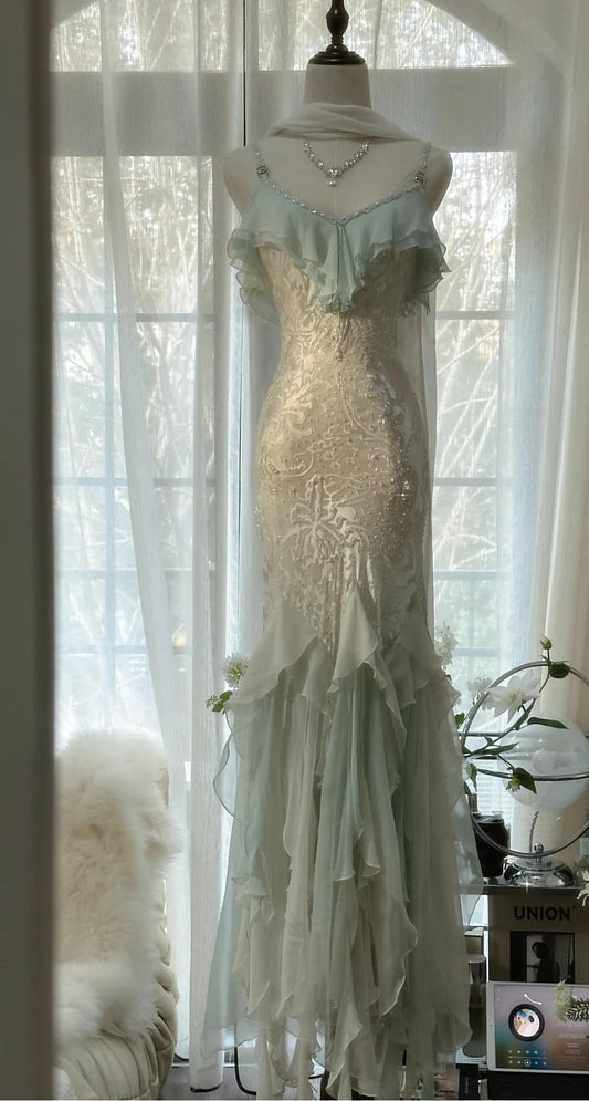 Romantic Vintage Mint Green Chiffon Mermaid Beaded Long Prom Dresses Ruffled Fairytale Birthday Dresses  ED01725
